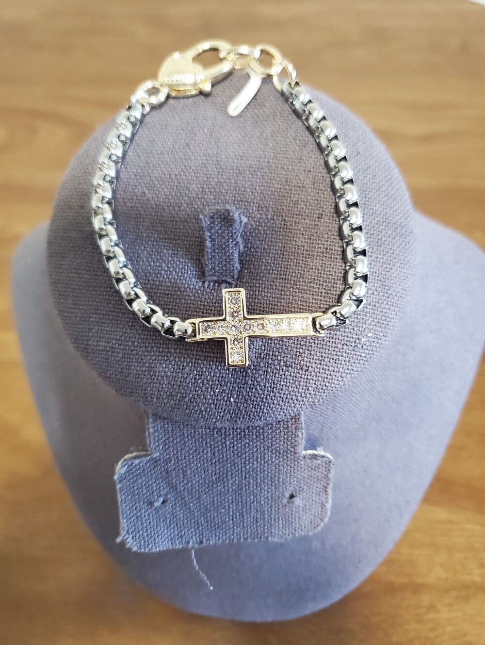 Gold and Silver Cross Bracelet with Crystal Accent